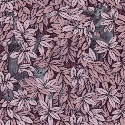 Fornasetti-behang Foglie e Scimmie met roze bladeren en tekeningen van aapjes tussen het gebladerte.