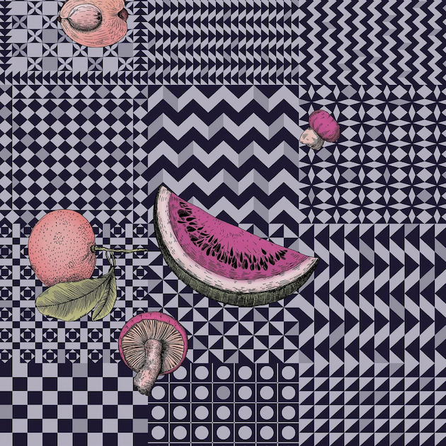 Illustratie van Fornasetti-geometrisch behang Frutta e Geometrico met fruit in multi-color