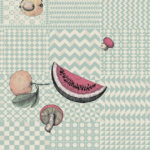 Illustratie van Fornasetti-geometrisch behang Frutta e Geometrico met fruit in pastel kleuren