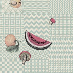 Illustratie van Fornasetti-geometrisch behang Frutta e Geometrico met fruit in pastel kleuren
