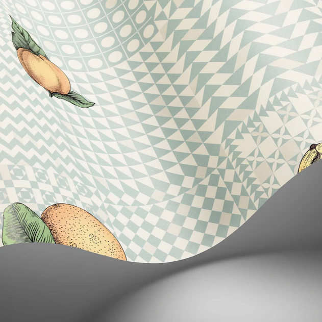 Illustratie van Fornasetti-geometrisch behang Frutta e Geometrico met fruit in pastel kleuren