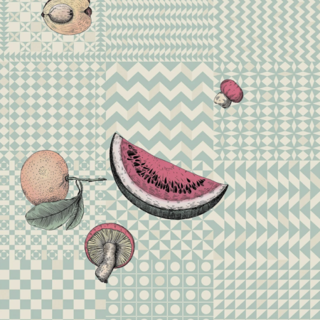 Illustratie van Fornasetti-geometrisch behang Frutta e Geometrico met fruit in pastel kleuren