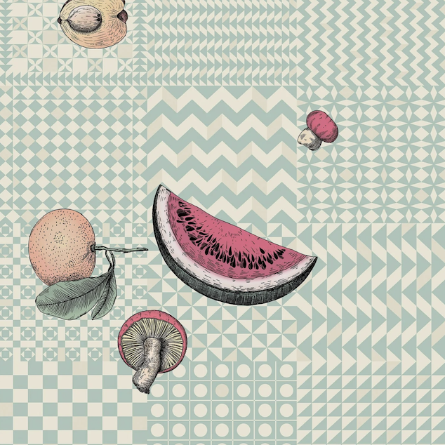 Illustratie van Fornasetti-geometrisch behang Frutta e Geometrico met fruit in pastel kleuren