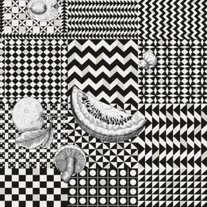 Illustratie van Fornasetti-geometrisch behang Frutta e Geometrico met fruit in zwart wit