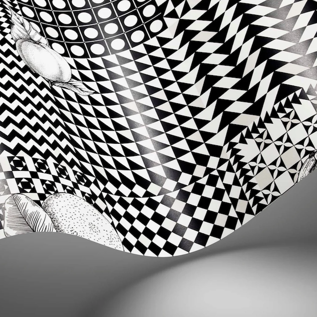 Illustratie van Fornasetti-geometrisch behang Frutta e Geometrico met fruit in zwart wit