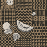Illustratie van Fornasetti-geometrisch behang Frutta e Geometrico met fruit in goud bruin