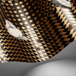 Illustratie van Fornasetti-geometrisch behang Frutta e Geometrico met fruit in goud bruin