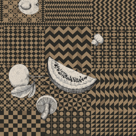 Illustratie van Fornasetti-geometrisch behang Frutta e Geometrico met fruit in goud bruin