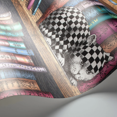 Fornasetti-behang met een rijk gevulde boekenkast met boeken en glaswerk