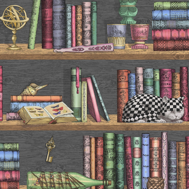 Fornasetti-behang met een rijk gevulde boekenkast met boeken en glaswerk