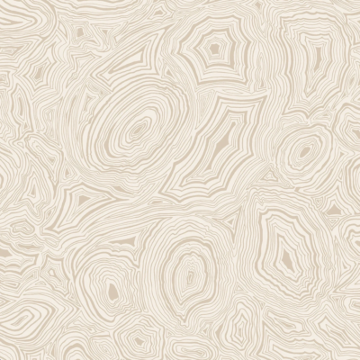 Beige Fornasetti-behang met een malachietpatroon van gestileerde, concentrische lijnen.