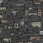 Zwarte illustratie van het Fornasetti-behang 'Mediterranea' met mediterrane gebouwen en bomen in een dicht stadsbeeld.