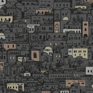 Zwarte illustratie van het Fornasetti-behang 'Mediterranea' met mediterrane gebouwen en bomen in een dicht stadsbeeld.
