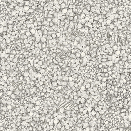 Illustratie van Fornasetti-behang Ortensia met een gedetailleerde tekening van de Ortensia bloemen in zwart/wit