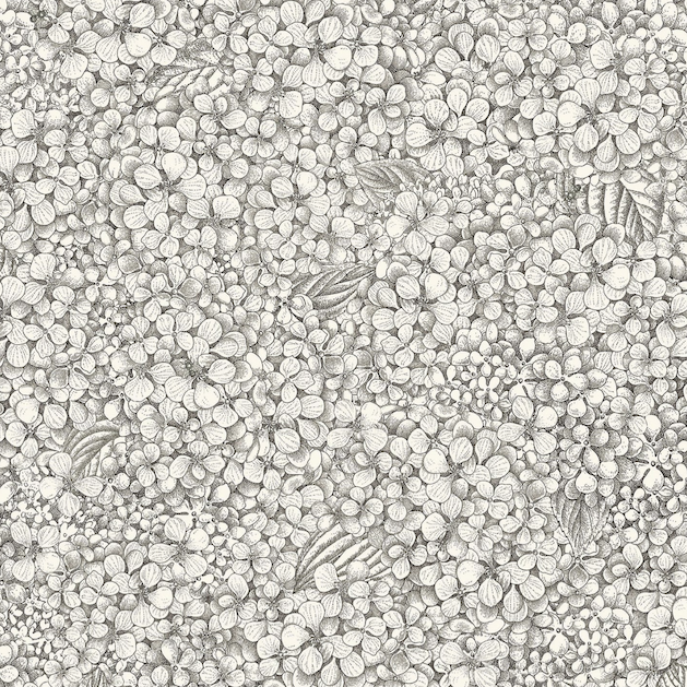 Illustratie van Fornasetti-behang Ortensia met een gedetailleerde tekening van de Ortensia bloemen in zwart/wit