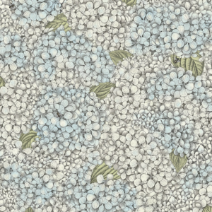 Illustratie van Fornasetti-behang Ortensia met een gedetailleerde tekening van de Ortensia bloemen in pastel kleuren