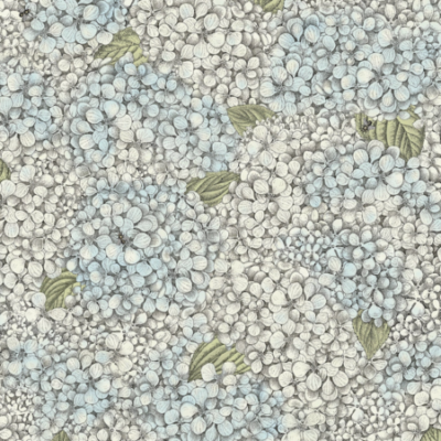 Illustratie van Fornasetti-behang Ortensia met een gedetailleerde tekening van de Ortensia bloemen in pastel kleuren