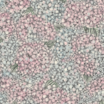 Illustratie van Fornasetti-behang Ortensia met een gedetailleerde tekening van de Ortensia bloemen in pastel kleuren