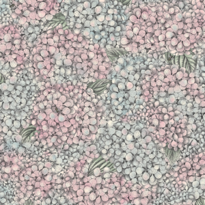 Illustratie van Fornasetti-behang Ortensia met een gedetailleerde tekening van de Ortensia bloemen in pastel kleuren