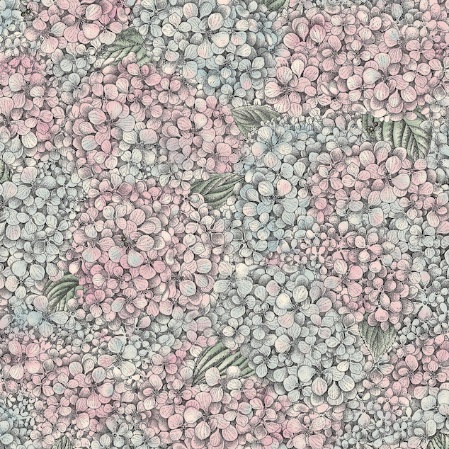 Illustratie van Fornasetti-behang Ortensia met een gedetailleerde tekening van de Ortensia bloemen in pastel kleuren
