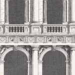 Illustratie van het Fornasetti-behang Procuratie met de gevels van het San Marcoplein
