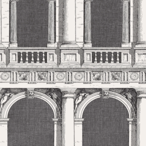 Illustratie van het Fornasetti-behang Procuratie met de gevels van het San Marcoplein