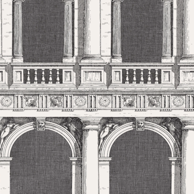 Illustratie van het Fornasetti-behang Procuratie met de gevels van het San Marcoplein