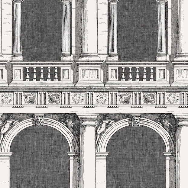 Illustratie van het Fornasetti-behang Procuratie met de gevels van het San Marcoplein