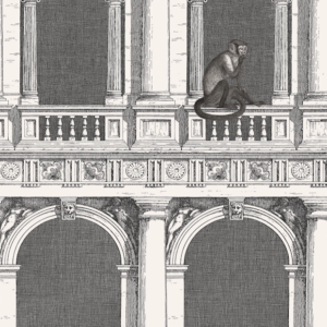 Zwarte illustratie van het Fornasetti-behang ' Procuratie e Scimmie met aapjes die langs de pilaren van een venetiaans gebouw lopen
