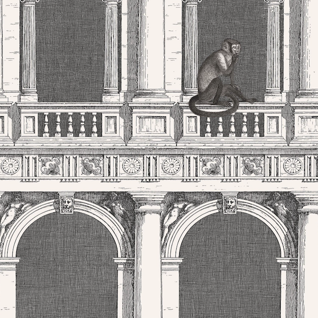 Zwarte illustratie van het Fornasetti-behang ' Procuratie e Scimmie met aapjes die langs de pilaren van een venetiaans gebouw lopen