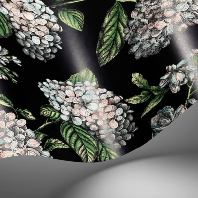 Illustratie van Fornasetti-behang Ramo di Ortensia met meerkleurige hortensia bloemen op een zwarte achtergrond