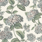 Illustratie van Fornasetti-behang Ramo di Ortensia met meerkleurige hortensia bloemen op een witte achtergrond