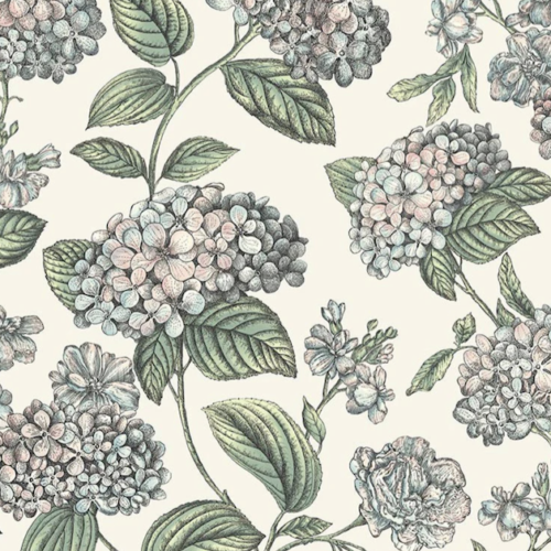 Illustratie van Fornasetti-behang Ramo di Ortensia met meerkleurige hortensia bloemen op een witte achtergrond