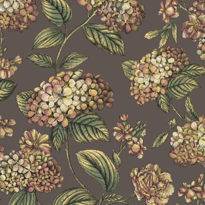 Illustratie van Fornasetti-behang Ramo di Ortensia met meerkleurige hortensia bloemen op een bruine achtergrond