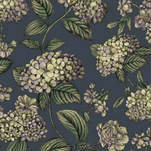 Illustratie van Fornasetti-behang Ramo di Ortensia met meerkleurige hortensia bloemen op een zwarte achtergrond