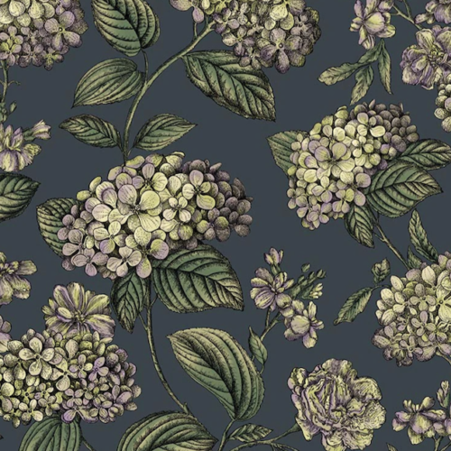 Illustratie van Fornasetti-behang Ramo di Ortensia met meerkleurige hortensia bloemen op een zwarte achtergrond