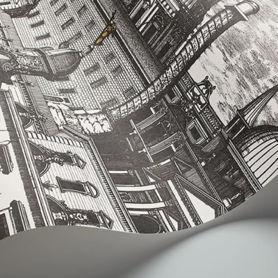 illustratie van het Fornasetti-behang Riflesso met een surrealistische weergave van het barokke Rome