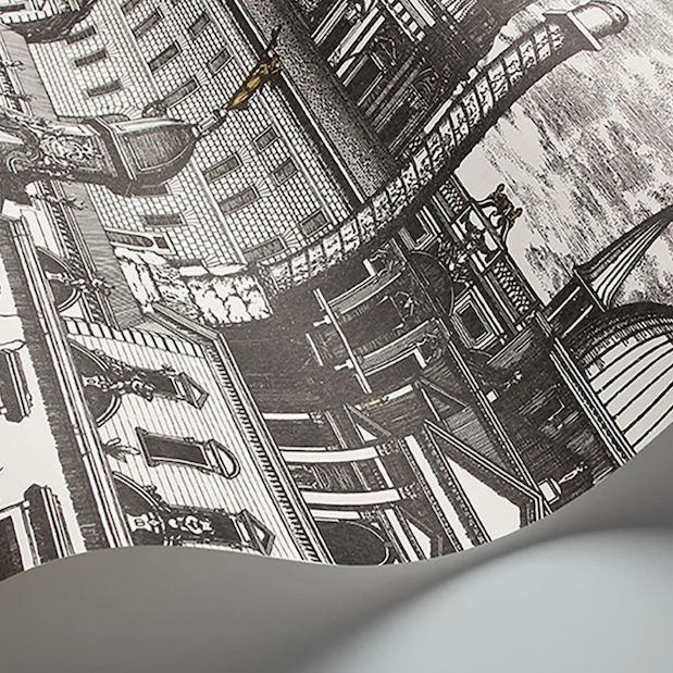 illustratie van het Fornasetti-behang Riflesso met een surrealistische weergave van het barokke Rome