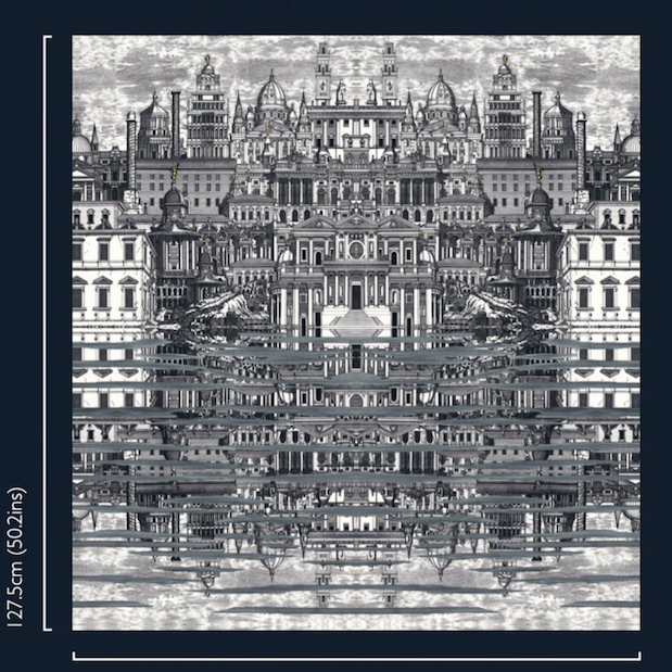 illustratie patroon van het Fornasetti-behang Riflesso met een surrealistische weergave van het barokke Rome