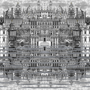 illustratie van het Fornasetti-behang Riflesso met een surrealistische weergave van het barokke Rome in zwart wit