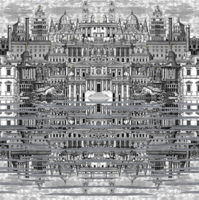 illustratie van het Fornasetti-behang Riflesso met een surrealistische weergave van het barokke Rome in zwart wit