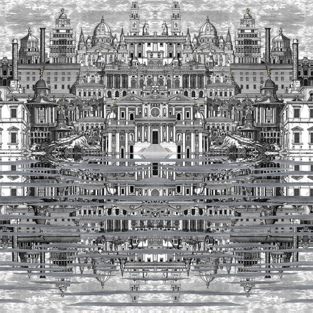 illustratie van het Fornasetti-behang Riflesso met een surrealistische weergave van het barokke Rome in zwart wit