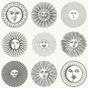 Fornasetti-behang Soli met zonnetjes in zwart wit