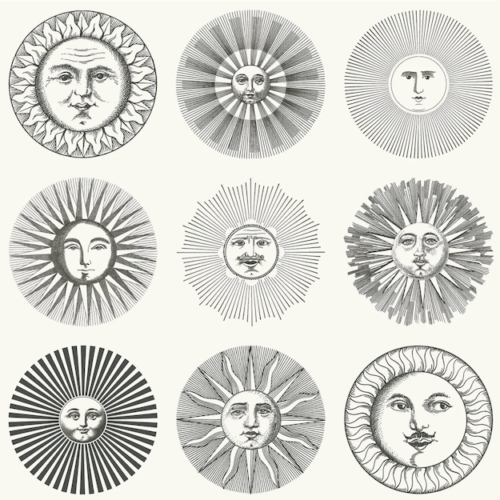 Fornasetti-behang Soli met zonnetjes in zwart wit
