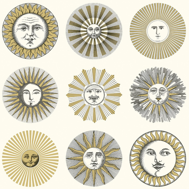 Illustratie van Fornasetti-behang Soli met zonnetjes in goud en creme kleur