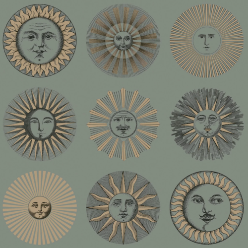 Illustratie van Fornasetti-behang Soli met zonnetjes in groen en goud