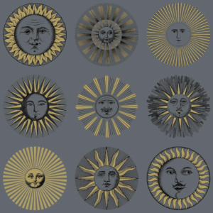 Illustratie van Fornasetti-behang Soli met zonnetjes in zwart en goud