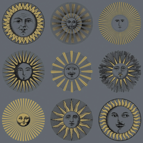 Illustratie van Fornasetti-behang Soli met zonnetjes in zwart en goud