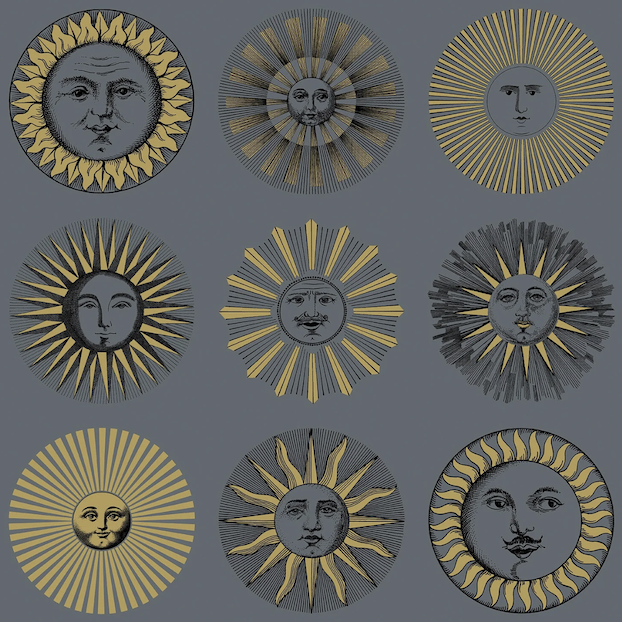 Illustratie van Fornasetti-behang Soli met zonnetjes in zwart en goud