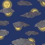 Illustratie van Fornasetti-behang Soli e Novole met zonnetjes achter de wolken in blauw en geel